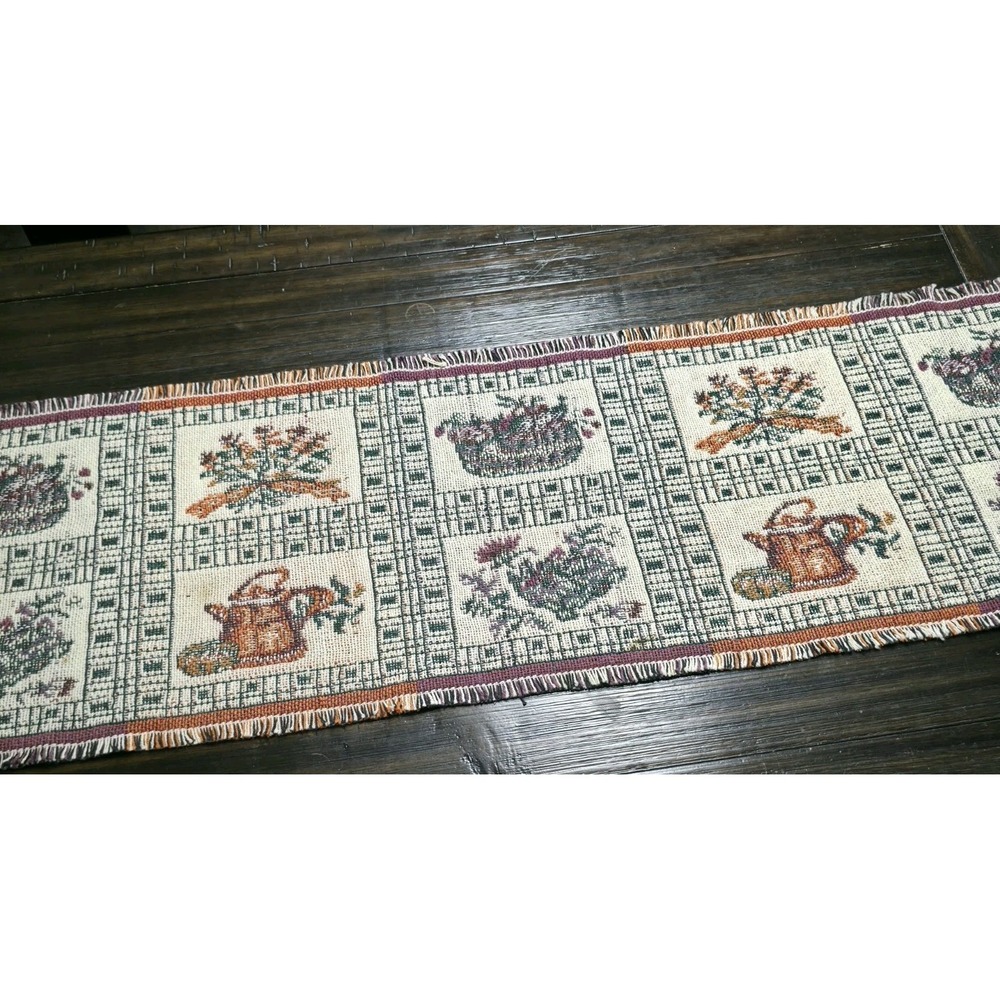 Rustic Farmhouse Tapestry Table Runner Garden Teapot Basket Fringed Woven